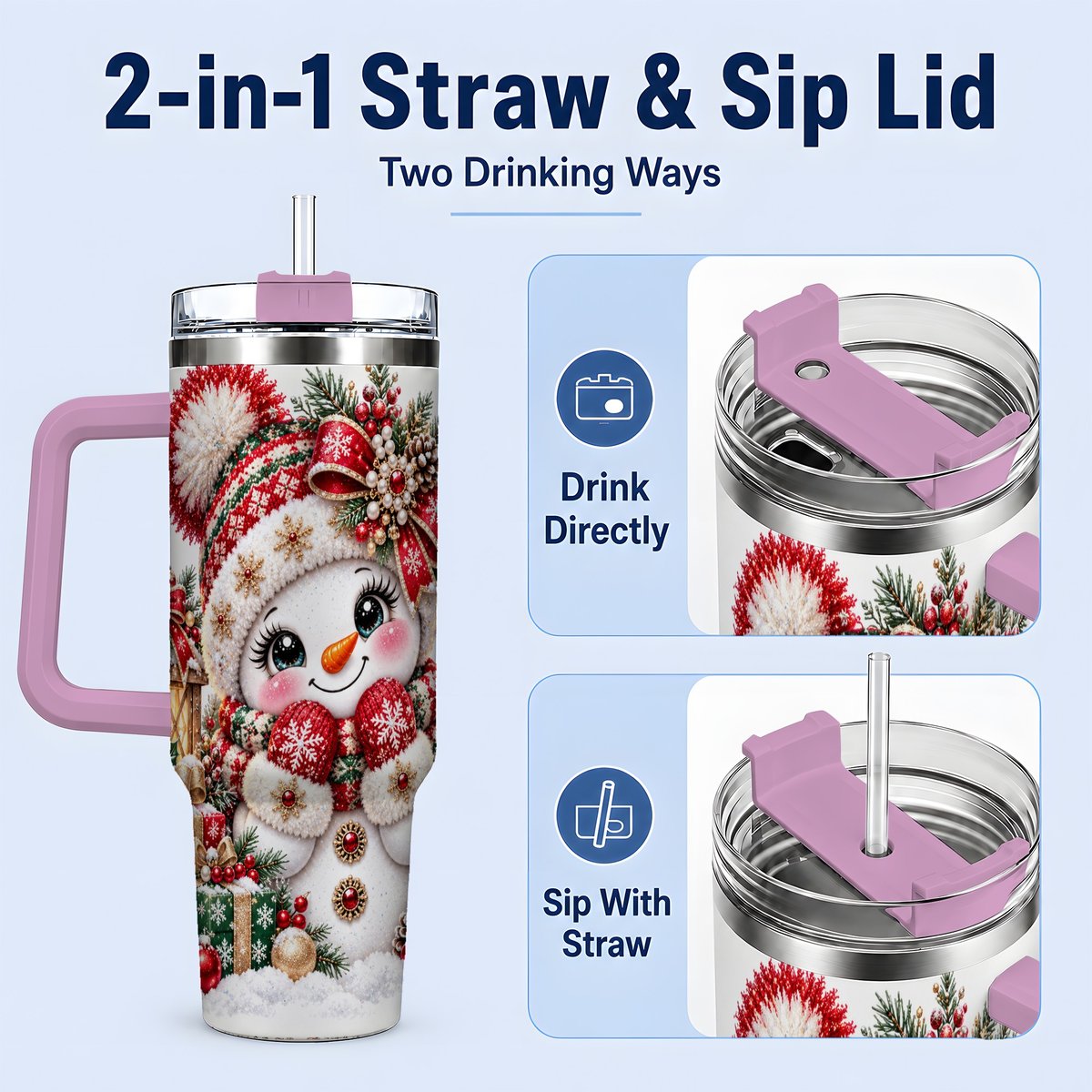 #pl[40oz|Pink] Christmas Snowman Red Knit Hat Handled Tumbler 40oz