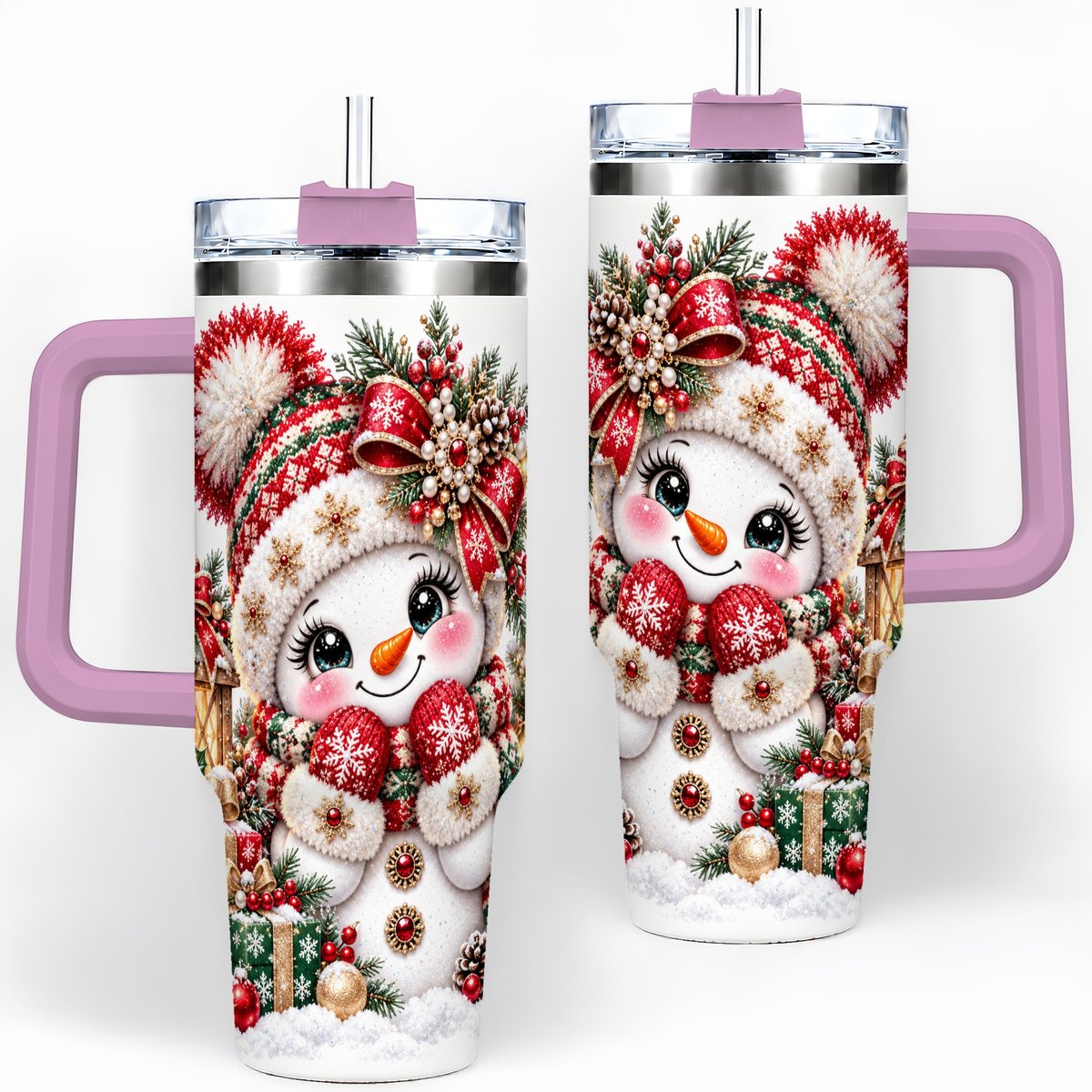 #pl[40oz|Pink] Christmas Snowman Red Knit Hat Handled Tumbler 40oz