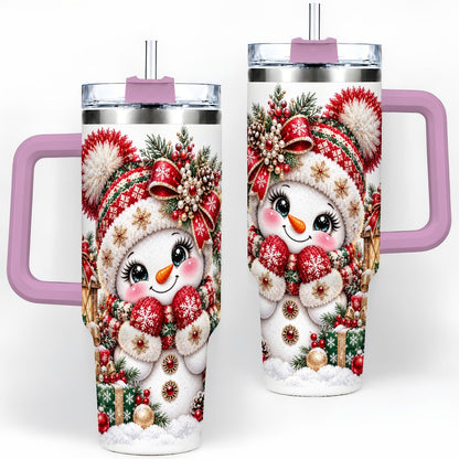 #pl[40oz|Pink] Christmas Snowman Red Knit Hat Handled Tumbler 40oz