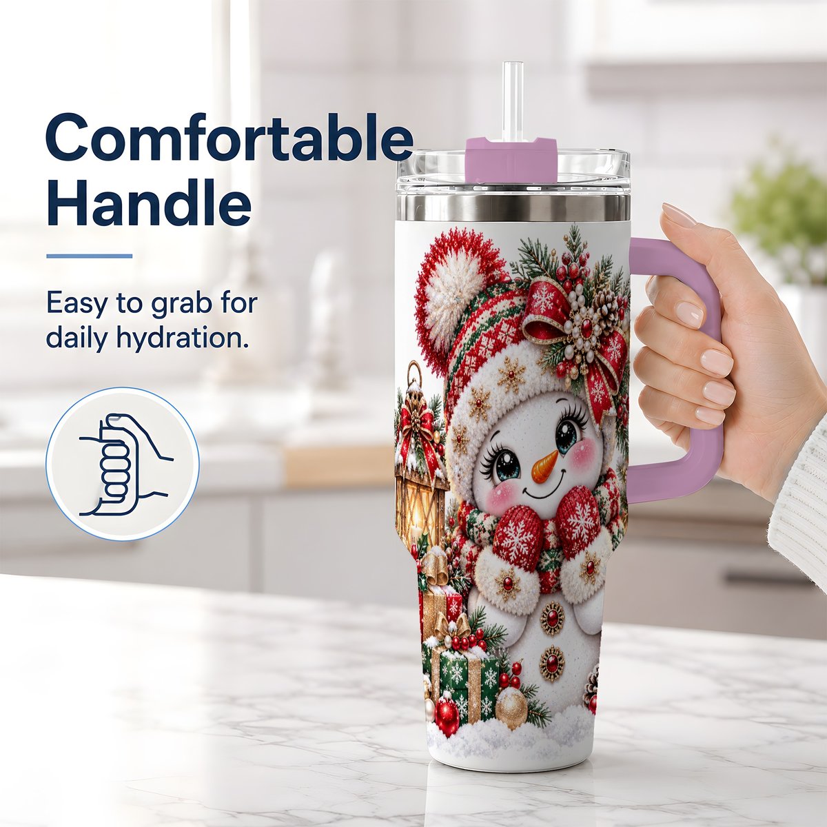 #pl[40oz|Pink] Christmas Snowman Red Knit Hat Handled Tumbler 40oz