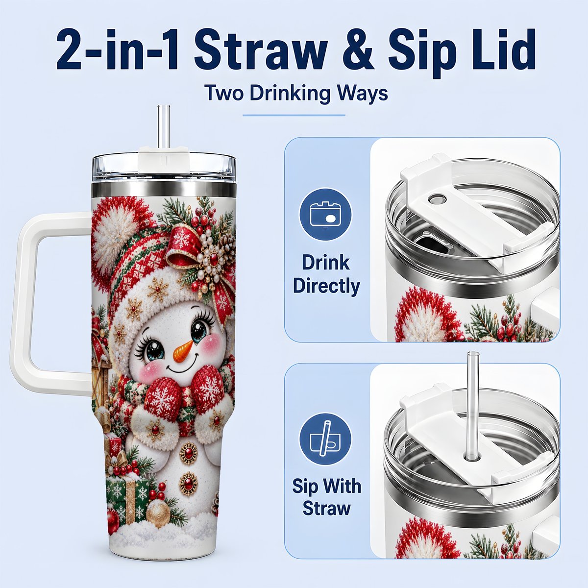 #pl[40oz|White] Christmas Snowman Red Knit Hat Handled Tumbler 40oz