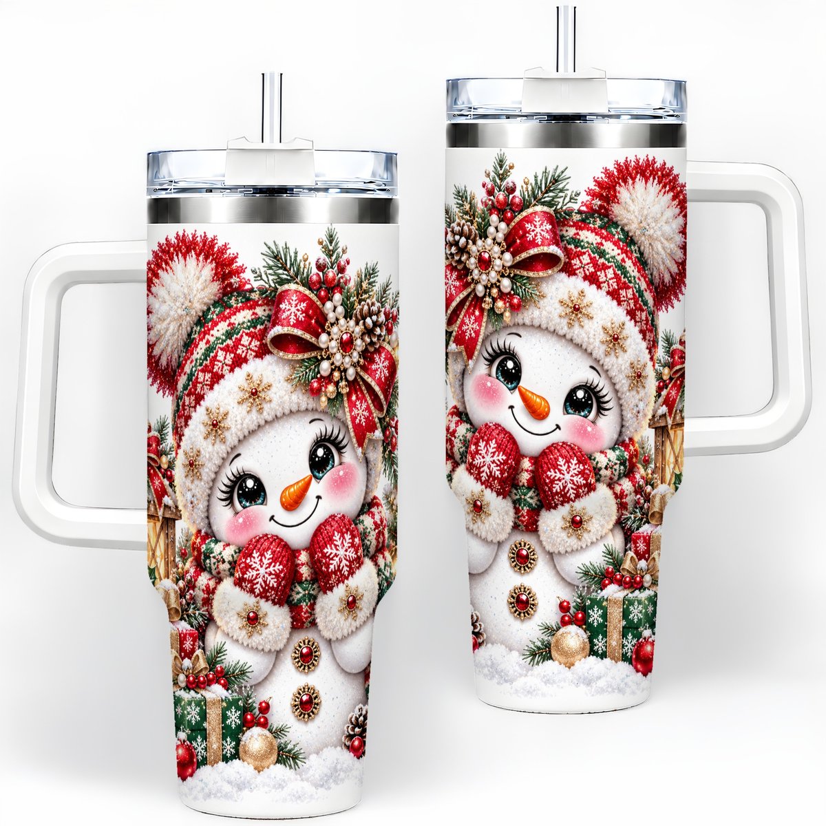 Christmas Snowman Red Knit Hat Handled Tumbler 40oz