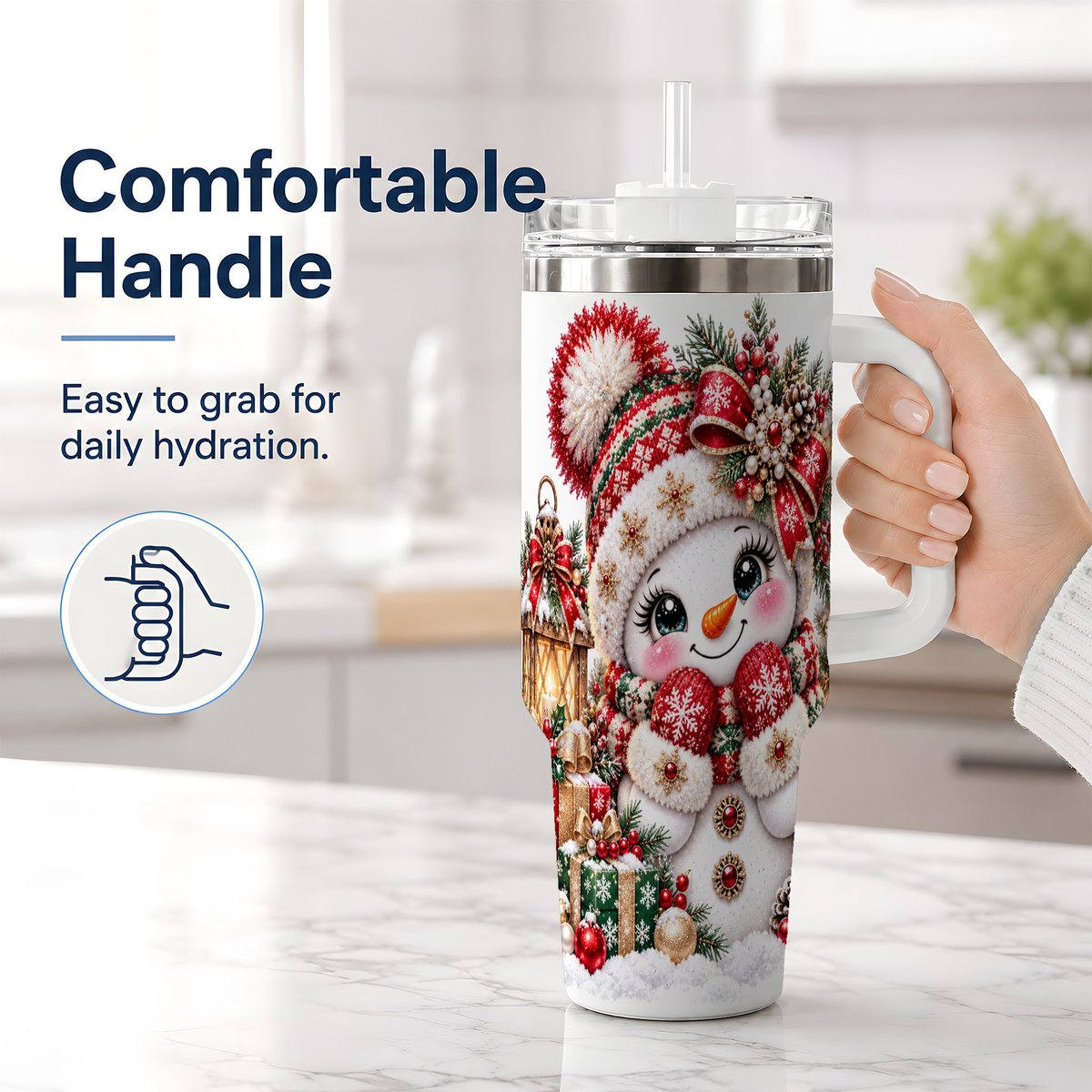 #pl[40oz|White] Christmas Snowman Red Knit Hat Handled Tumbler 40oz