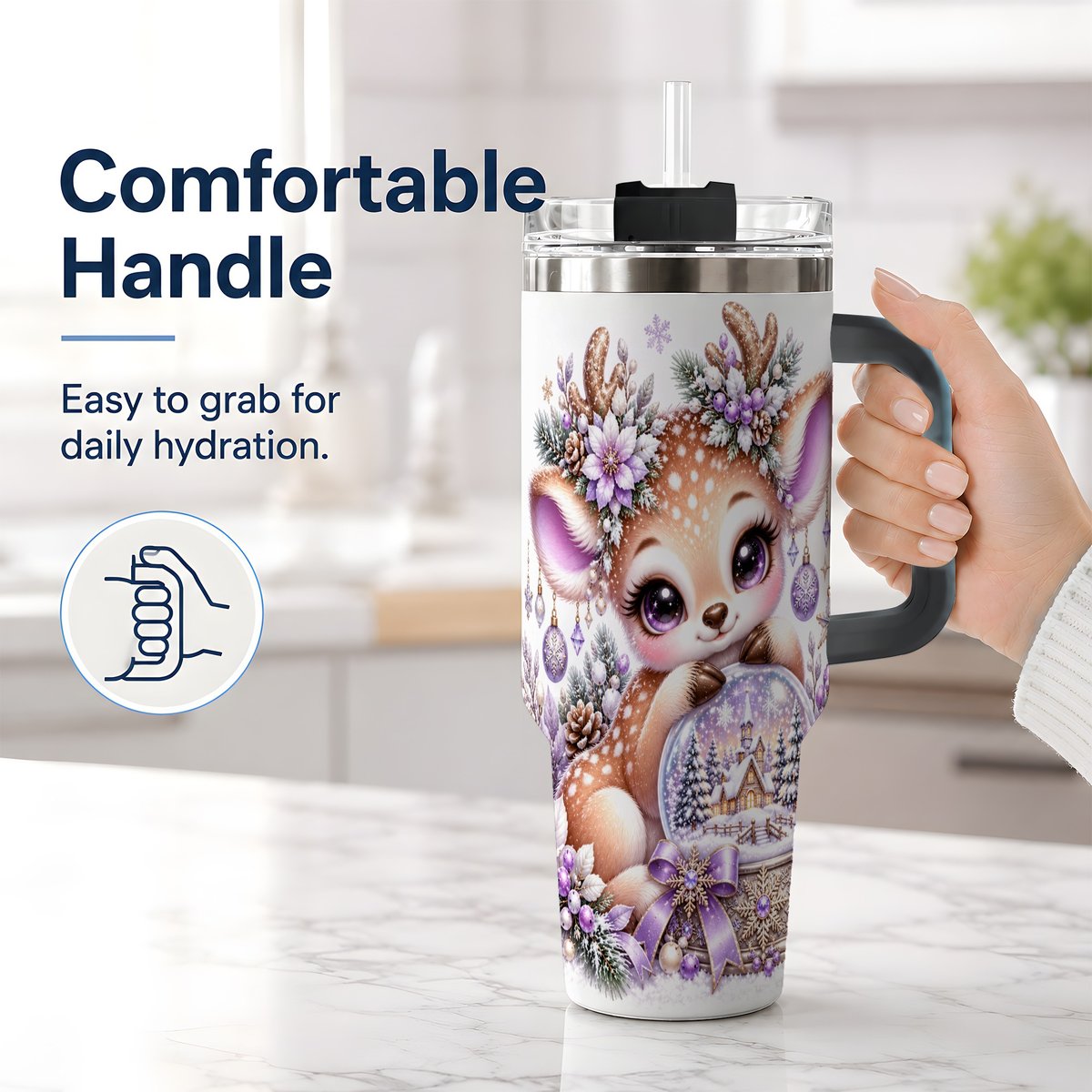 #pl[40oz|Black] Purple Winter Reindeer Snow Globe Handled Tumbler 40oz