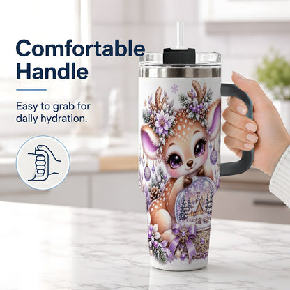 #pl[40oz|Black] Purple Winter Reindeer Snow Globe Handled Tumbler 40oz