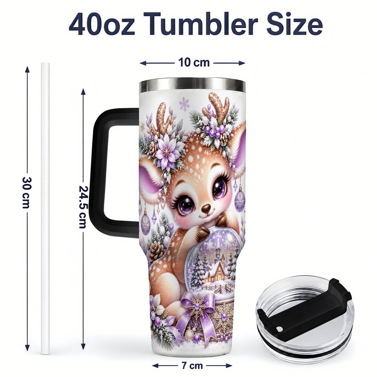 #pl[40oz|Black] Purple Winter Reindeer Snow Globe Handled Tumbler 40oz
