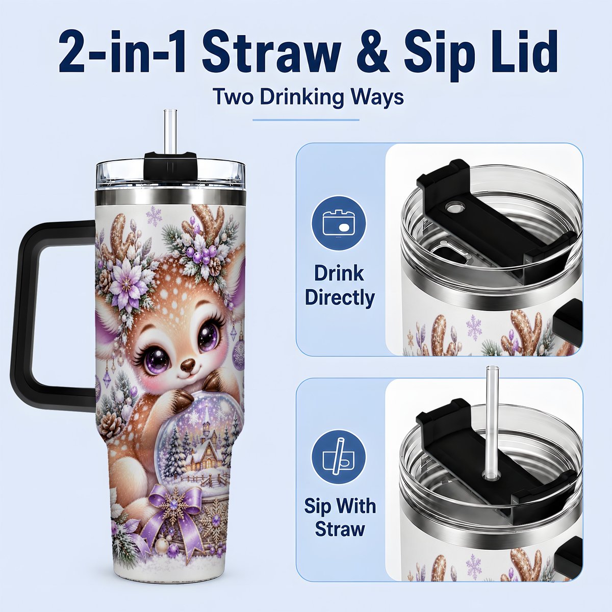 #pl[40oz|Black] Purple Winter Reindeer Snow Globe Handled Tumbler 40oz