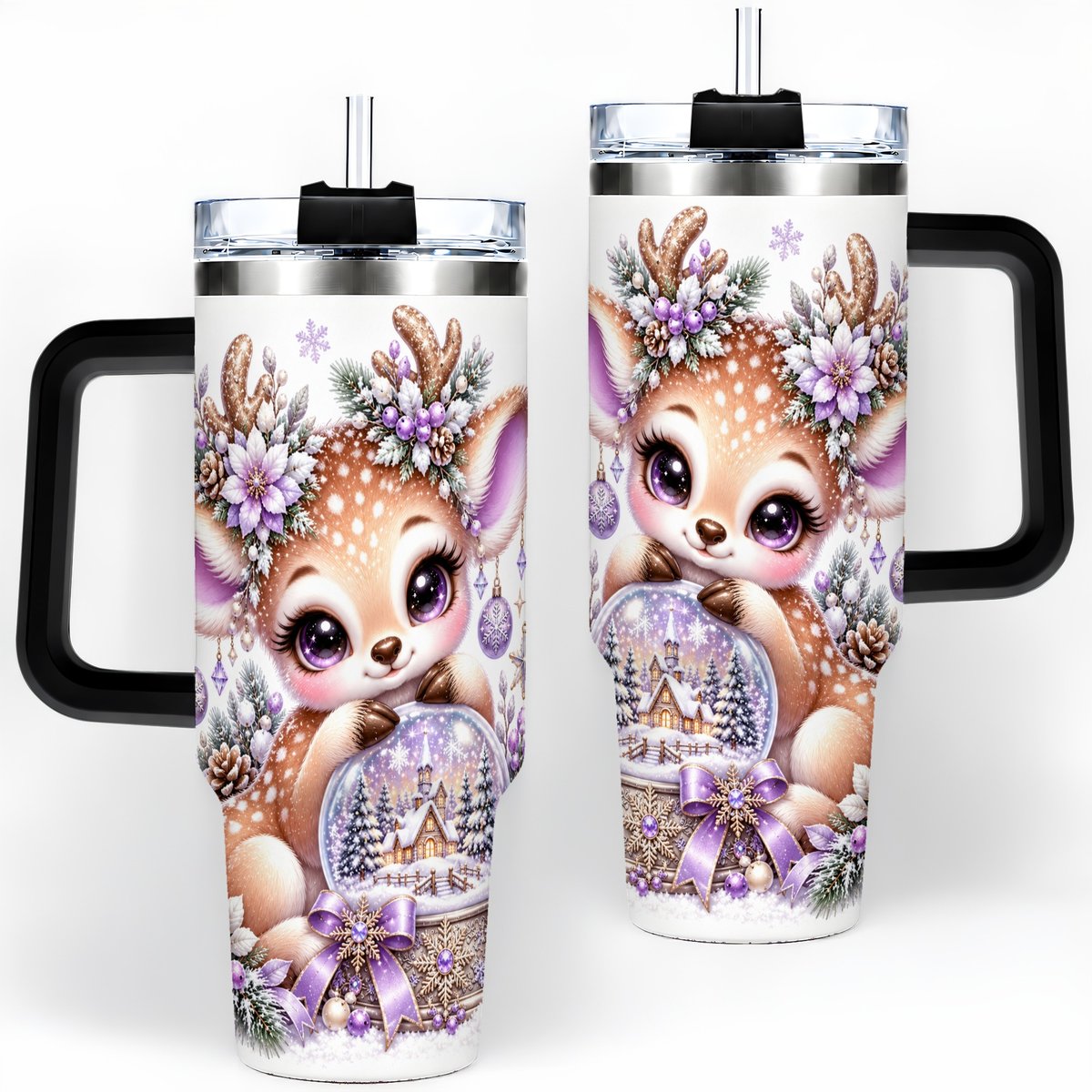 #pl[40oz|Black] Purple Winter Reindeer Snow Globe Handled Tumbler 40oz