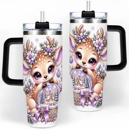 #pl[40oz|Black] Purple Winter Reindeer Snow Globe Handled Tumbler 40oz