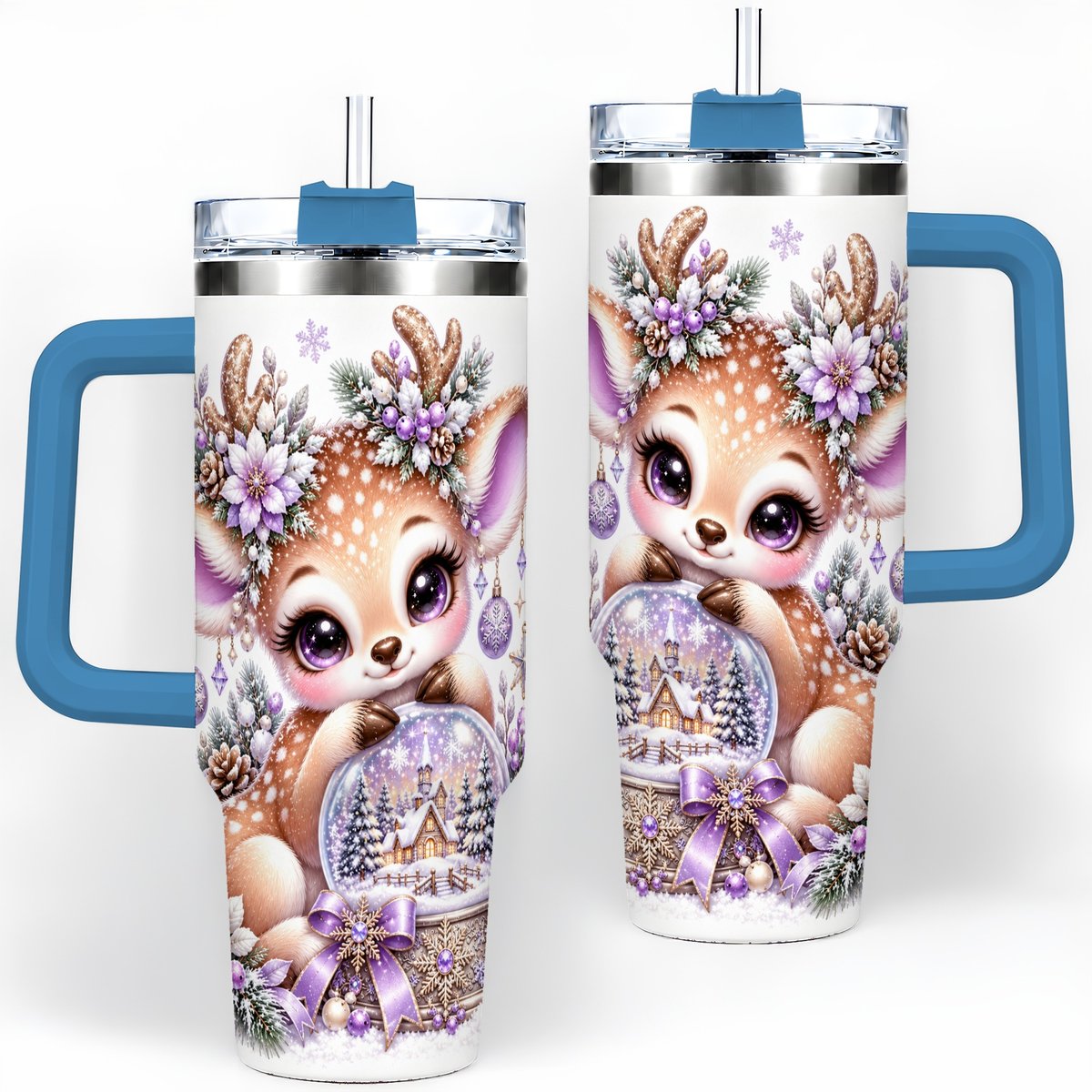 #pl[40oz|Blue] Purple Winter Reindeer Snow Globe Handled Tumbler 40oz