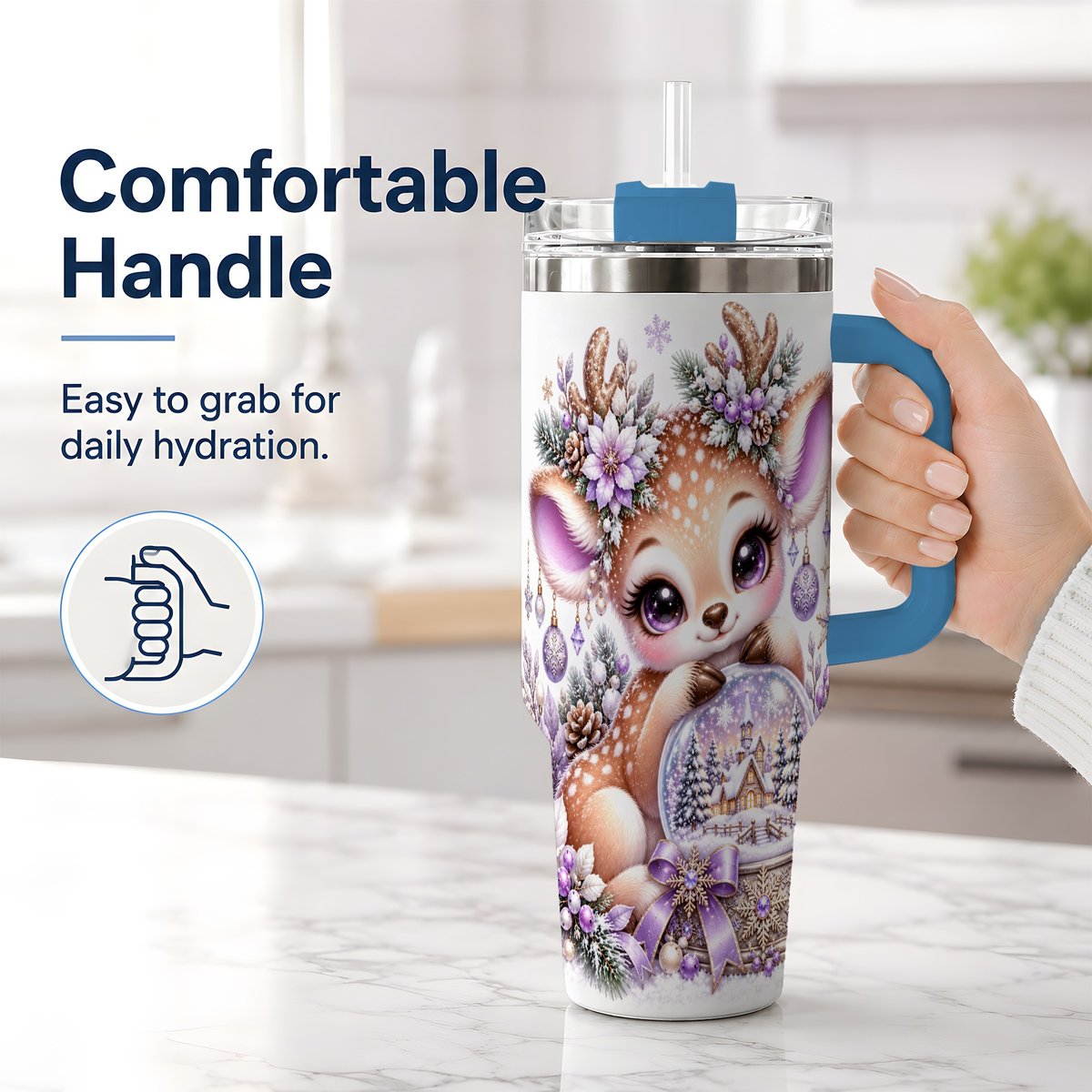 #pl[40oz|Blue] Purple Winter Reindeer Snow Globe Handled Tumbler 40oz