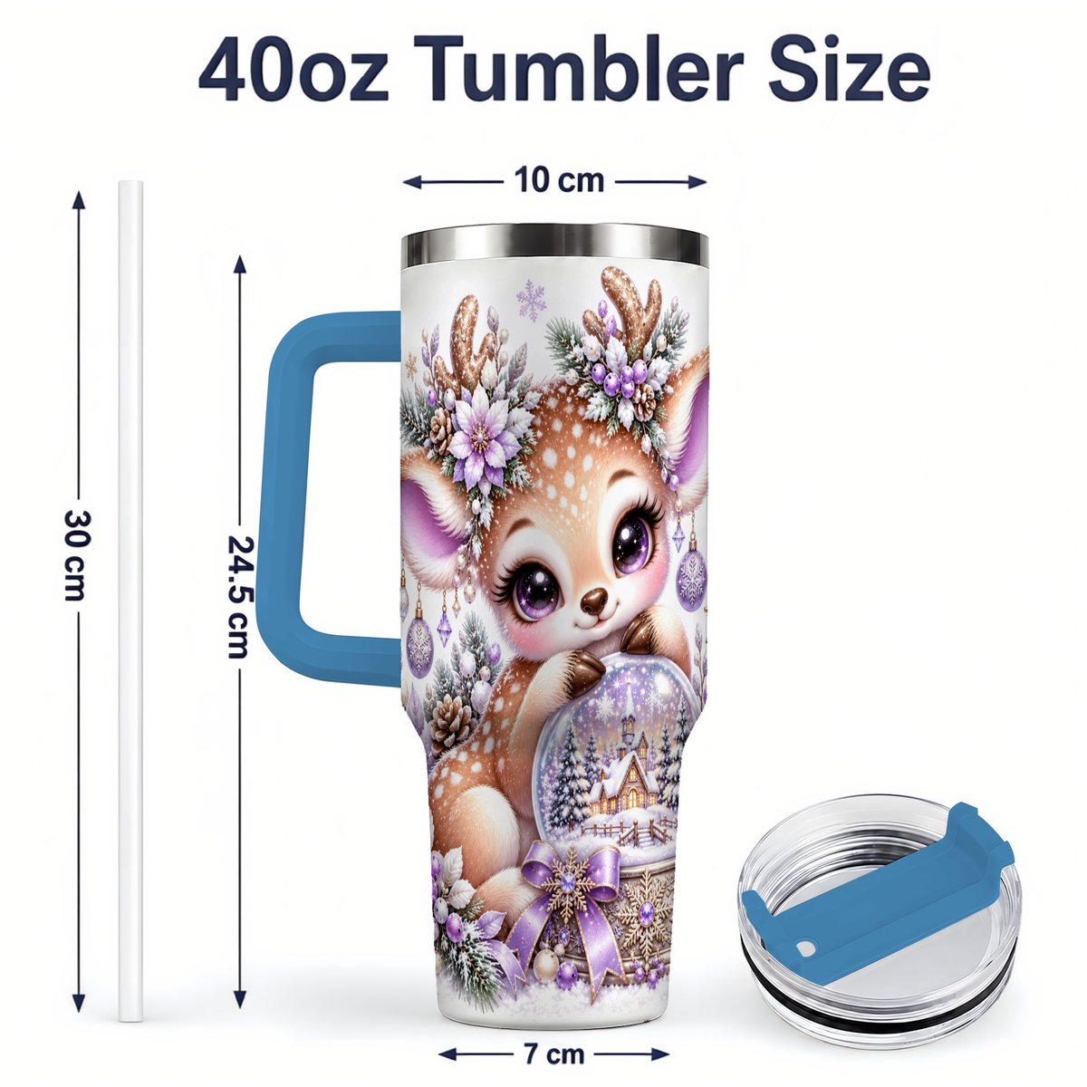 #pl[40oz|Blue] Purple Winter Reindeer Snow Globe Handled Tumbler 40oz