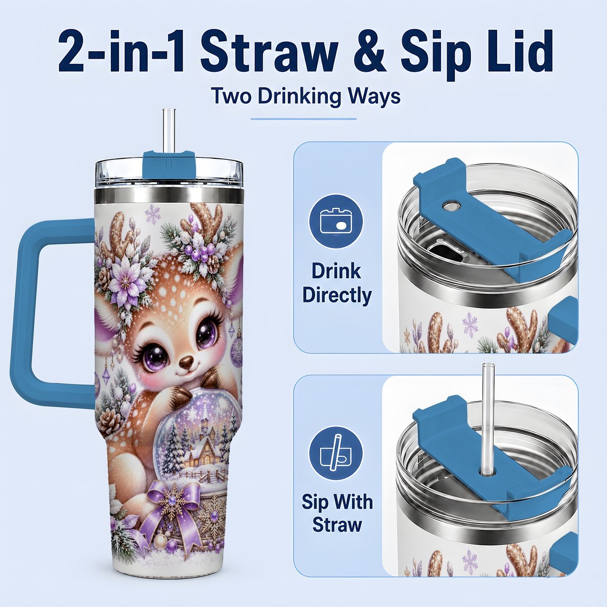 #pl[40oz|Blue] Purple Winter Reindeer Snow Globe Handled Tumbler 40oz