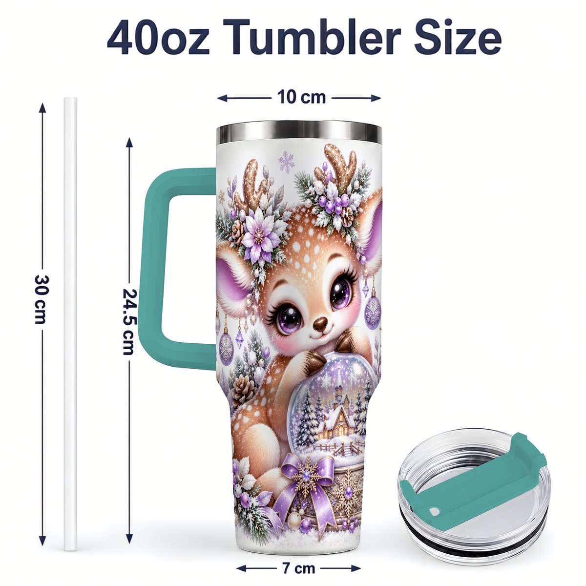 #pl[40oz|Green] Purple Winter Reindeer Snow Globe Handled Tumbler 40oz