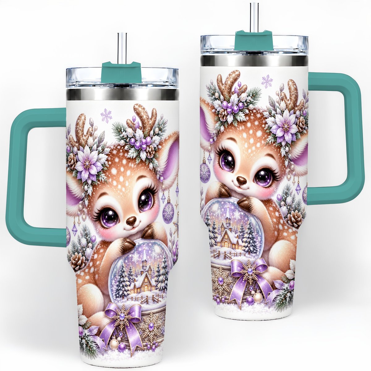 #pl[40oz|Green] Purple Winter Reindeer Snow Globe Handled Tumbler 40oz