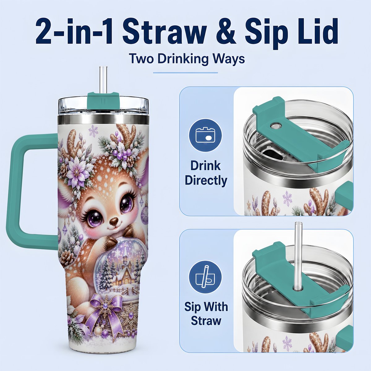#pl[40oz|Green] Purple Winter Reindeer Snow Globe Handled Tumbler 40oz