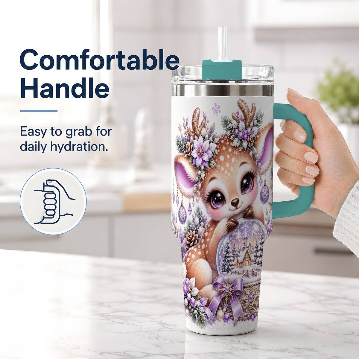 #pl[40oz|Green] Purple Winter Reindeer Snow Globe Handled Tumbler 40oz
