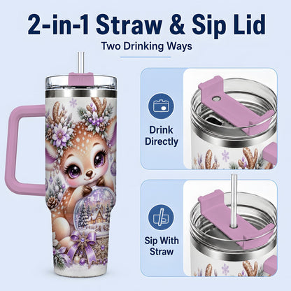 #pl[40oz|Pink] Purple Winter Reindeer Snow Globe Handled Tumbler 40oz