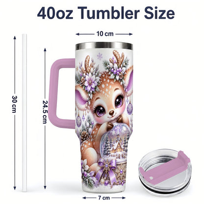 #pl[40oz|Pink] Purple Winter Reindeer Snow Globe Handled Tumbler 40oz