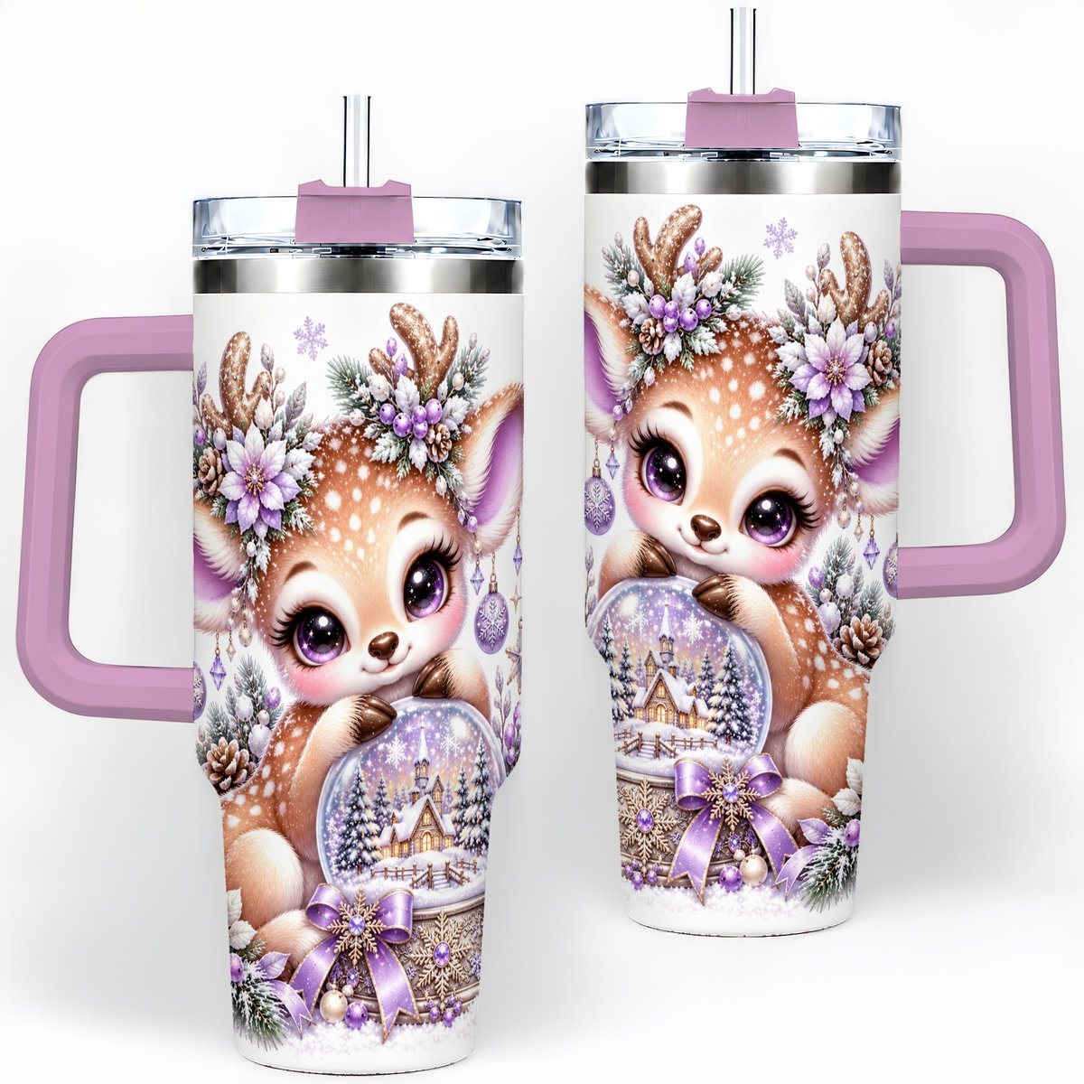 #pl[40oz|Pink] Purple Winter Reindeer Snow Globe Handled Tumbler 40oz