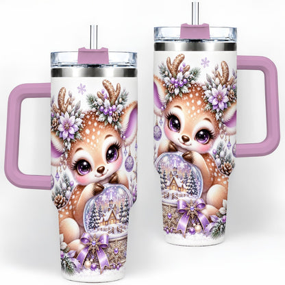 #pl[40oz|Pink] Purple Winter Reindeer Snow Globe Handled Tumbler 40oz