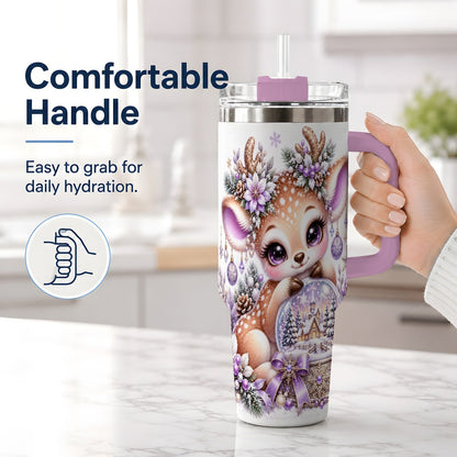 #pl[40oz|Pink] Purple Winter Reindeer Snow Globe Handled Tumbler 40oz
