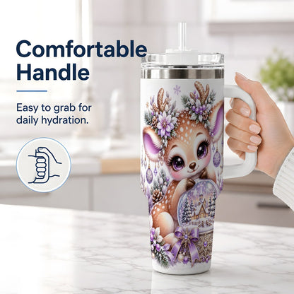 #pl[40oz|White] Purple Winter Reindeer Snow Globe Handled Tumbler 40oz