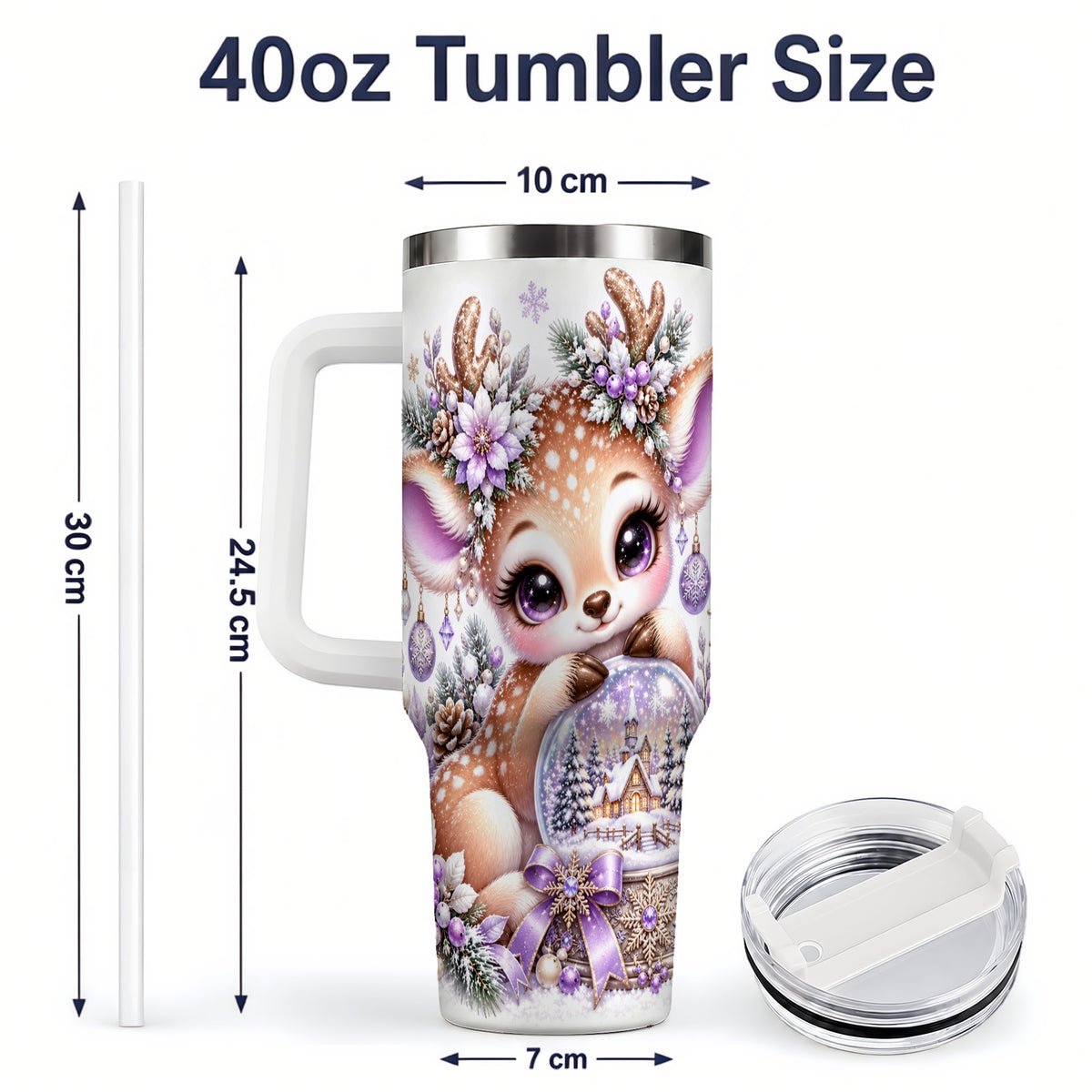 #pl[40oz|White] Purple Winter Reindeer Snow Globe Handled Tumbler 40oz
