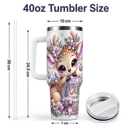 #pl[40oz|White] Purple Winter Reindeer Snow Globe Handled Tumbler 40oz