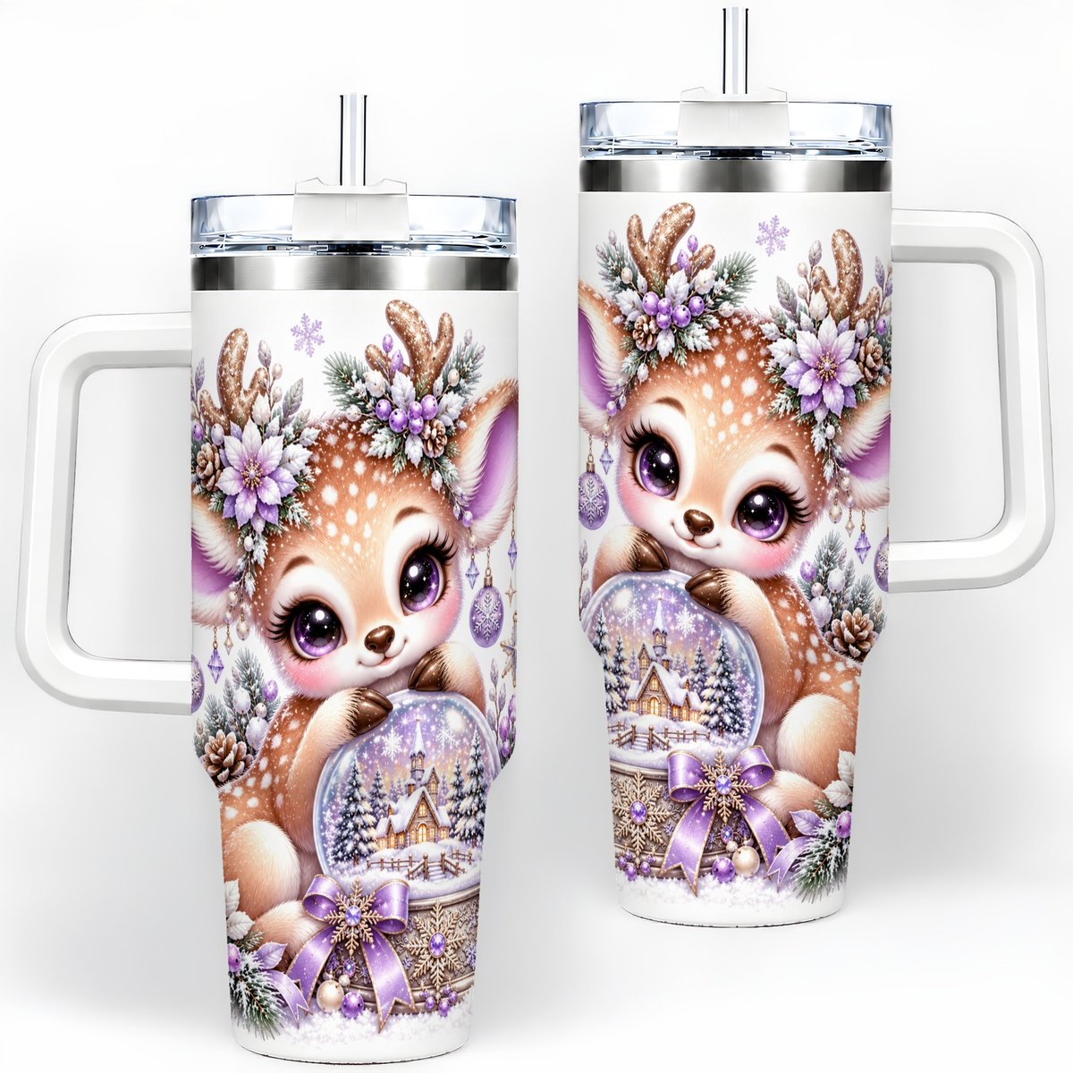 Purple Winter Reindeer Snow Globe Handled Tumbler 40oz