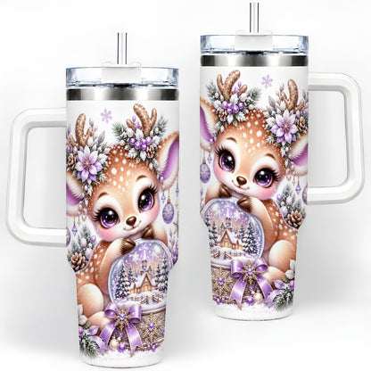 Purple Winter Reindeer Snow Globe Handled Tumbler 40oz
