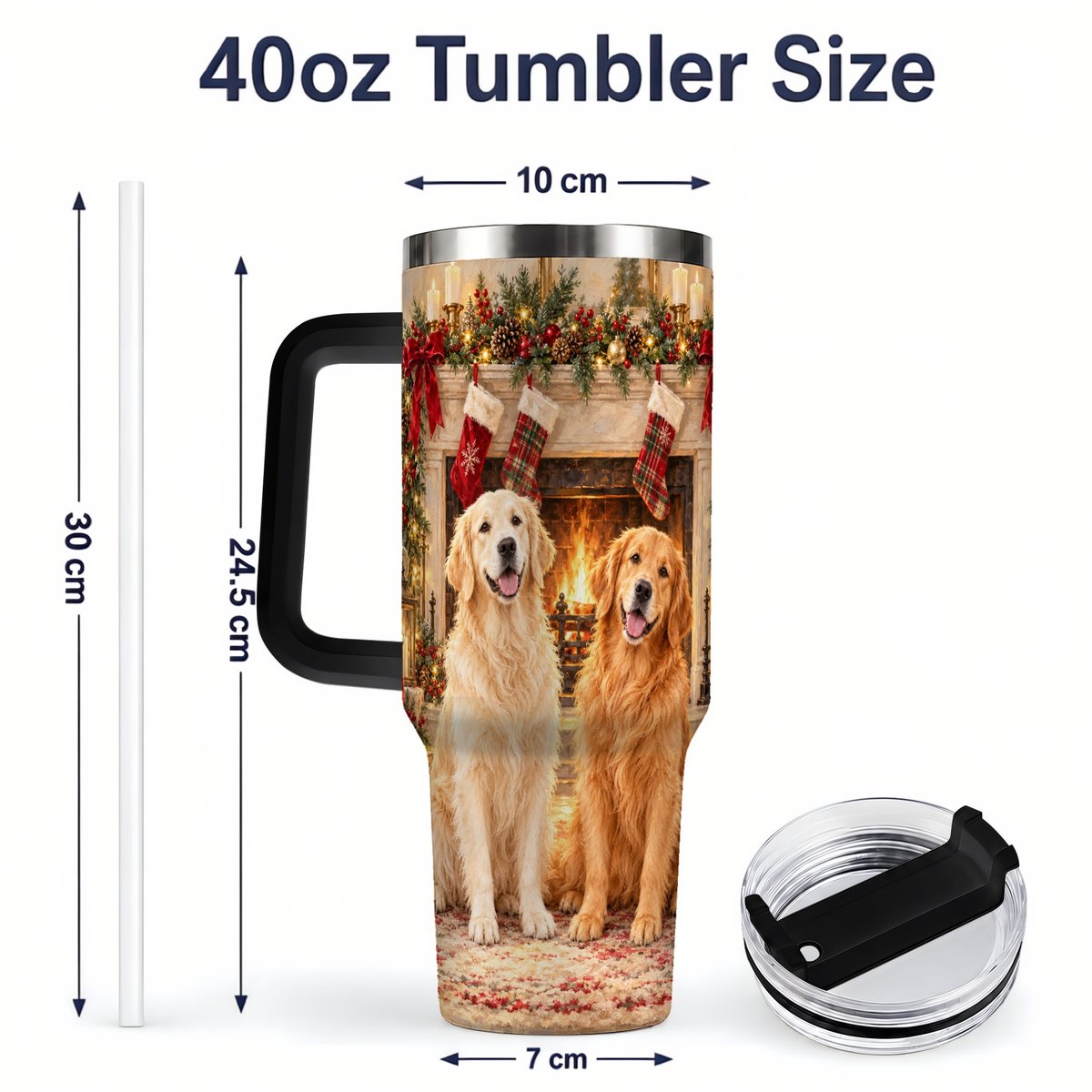 #pl[40oz|Black] Golden Retriever Christmas Tumbler 40oz, Fireside Illustration