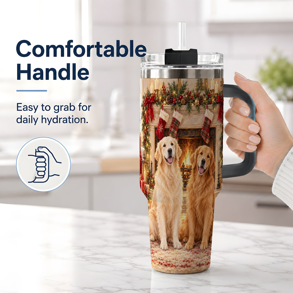 #pl[40oz|Black] Golden Retriever Christmas Tumbler 40oz, Fireside Illustration