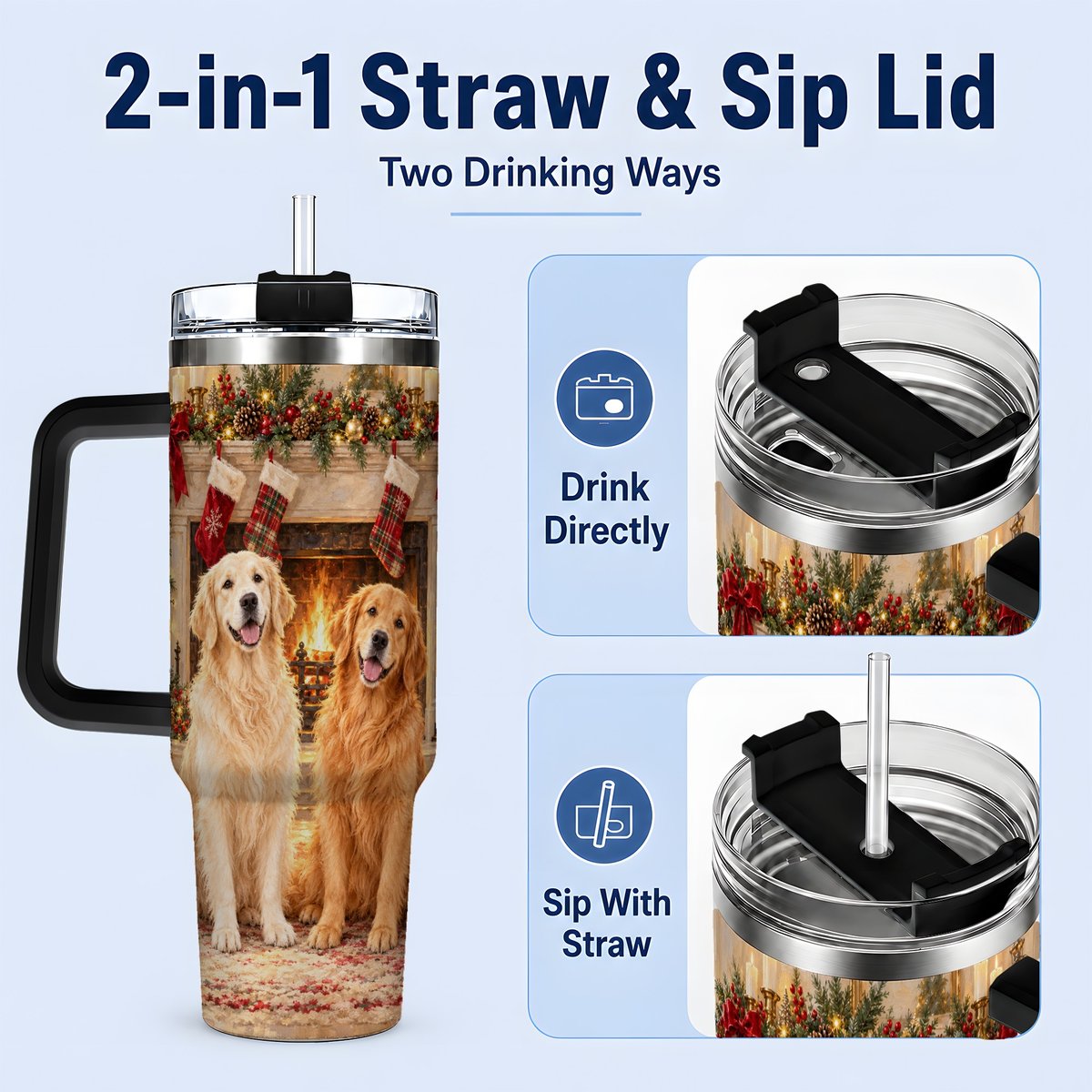 #pl[40oz|Black] Golden Retriever Christmas Tumbler 40oz, Fireside Illustration