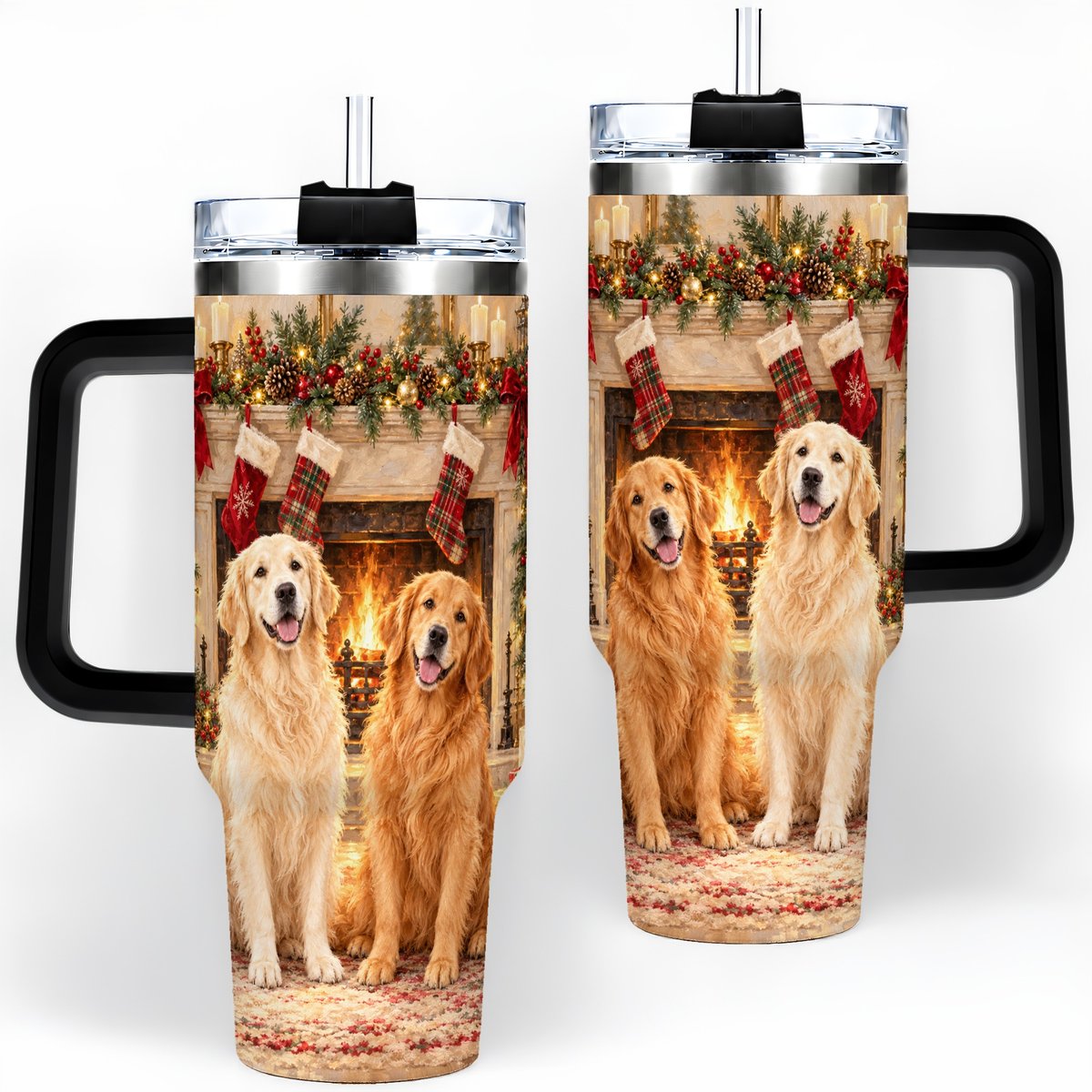 #pl[40oz|Black] Golden Retriever Christmas Tumbler 40oz, Fireside Illustration
