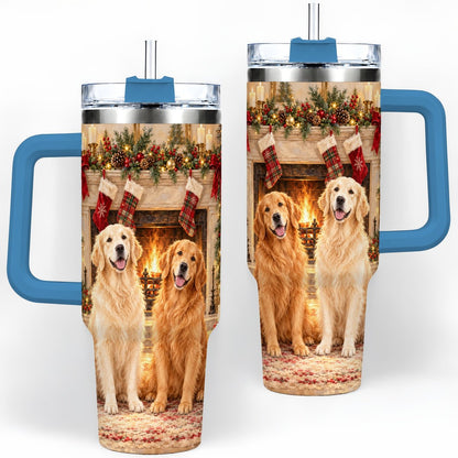 #pl[40oz|Blue] Golden Retriever Christmas Tumbler 40oz, Fireside Illustration