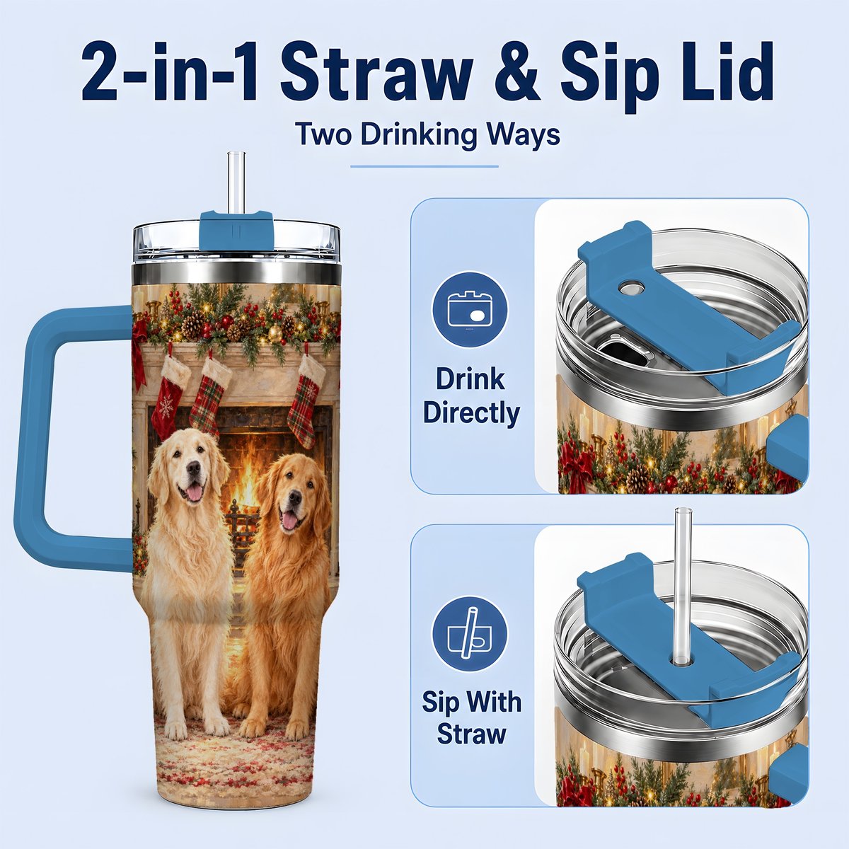 #pl[40oz|Blue] Golden Retriever Christmas Tumbler 40oz, Fireside Illustration