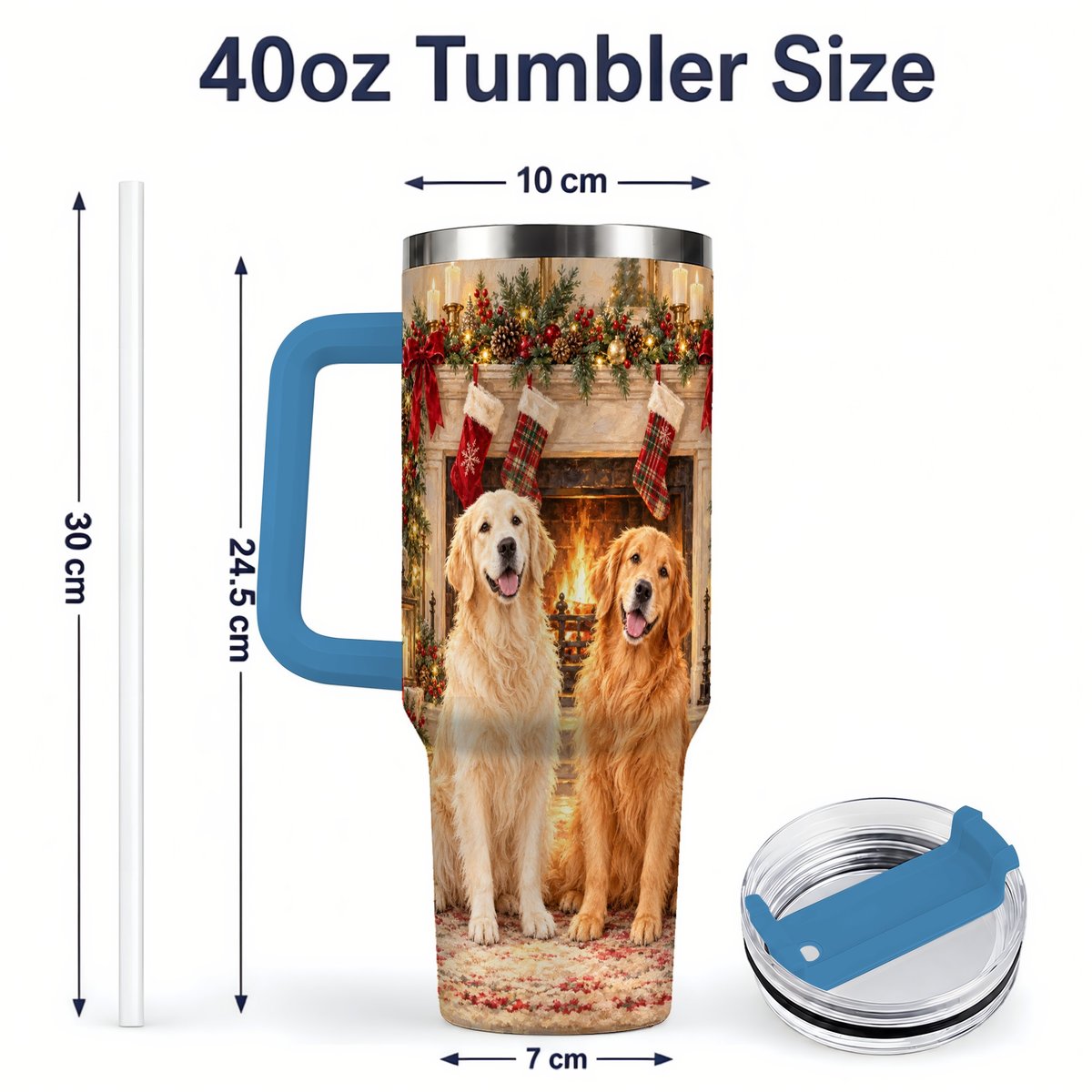 #pl[40oz|Blue] Golden Retriever Christmas Tumbler 40oz, Fireside Illustration