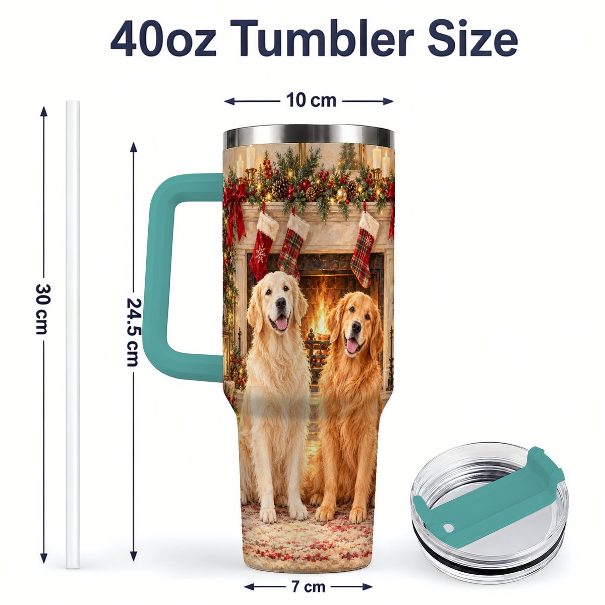 #pl[40oz|Green] Golden Retriever Christmas Tumbler 40oz, Fireside Illustration
