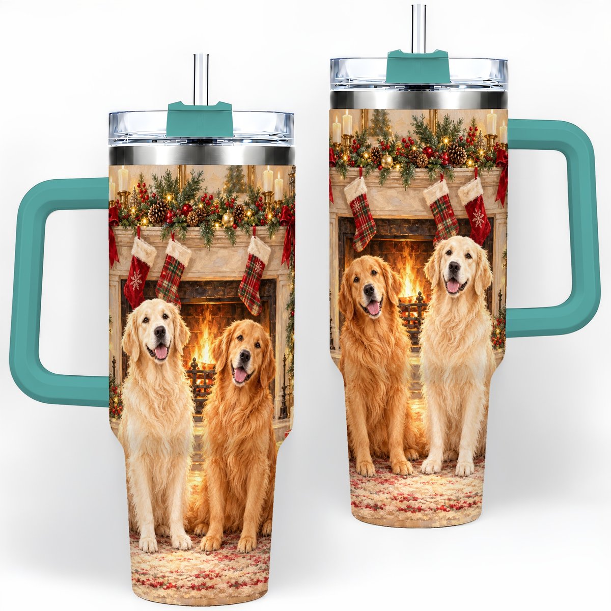 #pl[40oz|Green] Golden Retriever Christmas Tumbler 40oz, Fireside Illustration