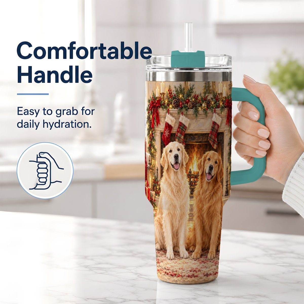 #pl[40oz|Green] Golden Retriever Christmas Tumbler 40oz, Fireside Illustration
