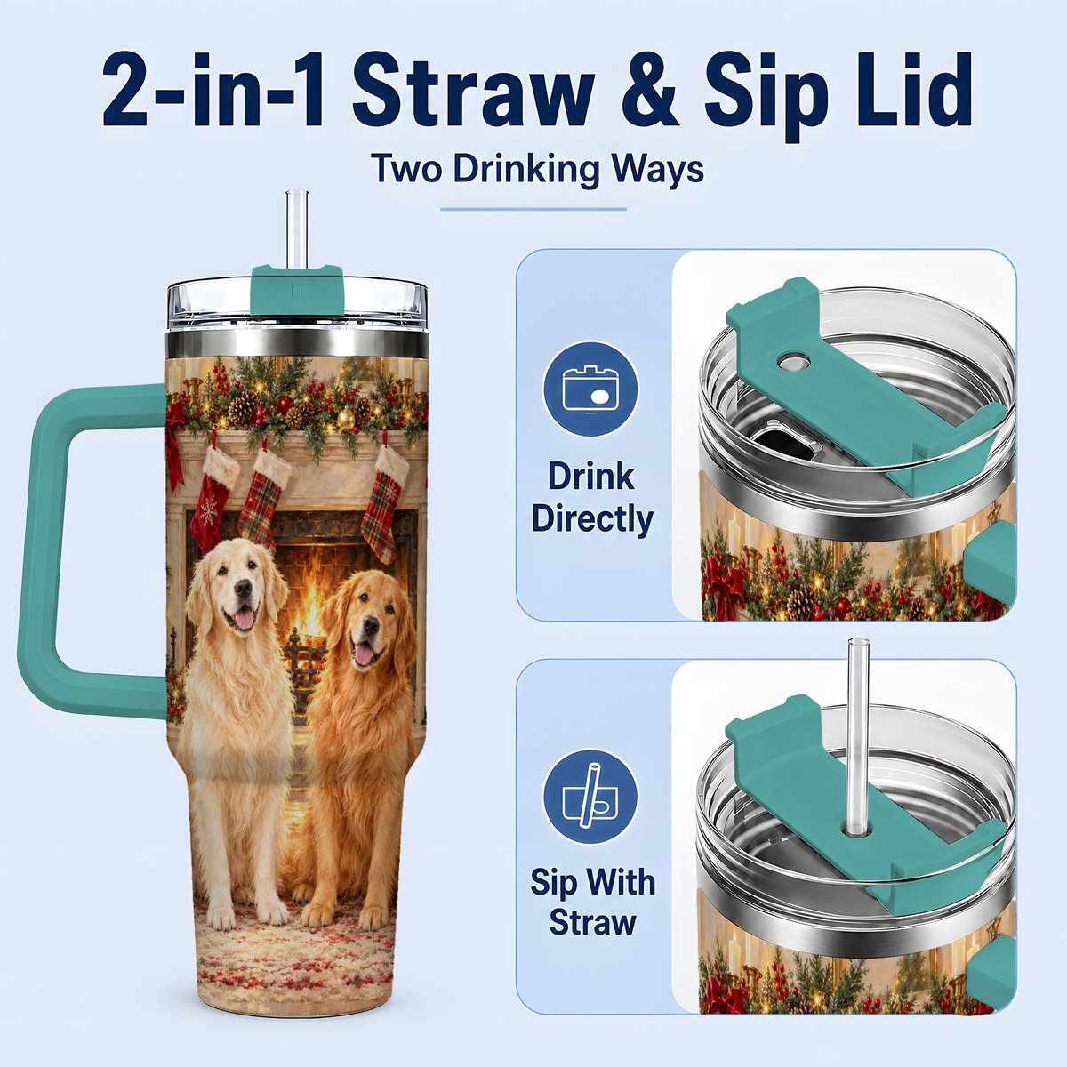 #pl[40oz|Green] Golden Retriever Christmas Tumbler 40oz, Fireside Illustration