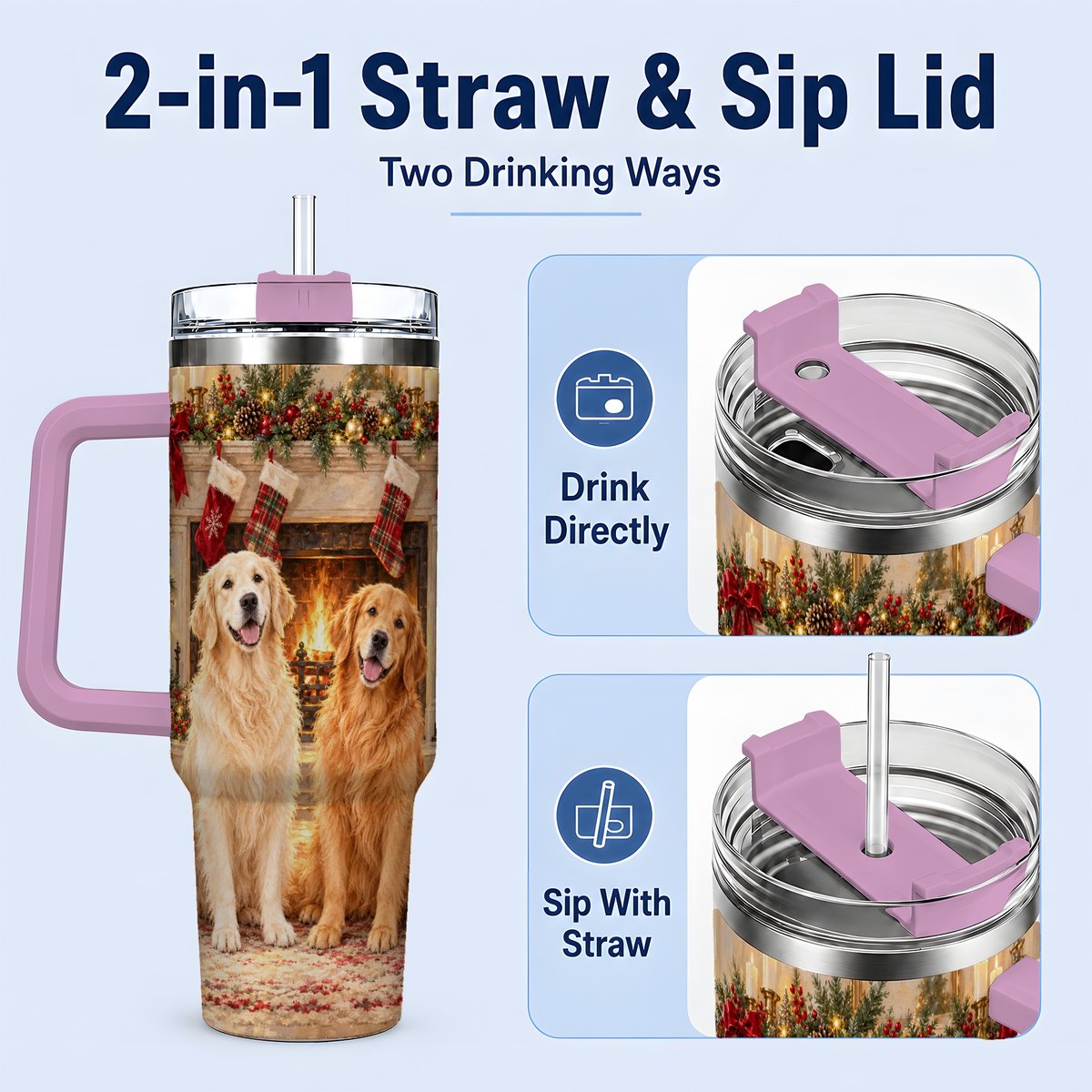 #pl[40oz|Pink] Golden Retriever Christmas Tumbler 40oz, Fireside Illustration