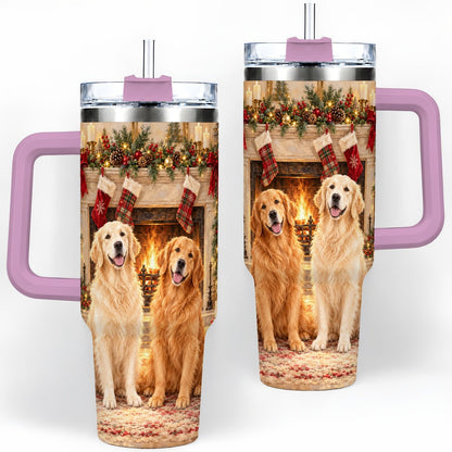 #pl[40oz|Pink] Golden Retriever Christmas Tumbler 40oz, Fireside Illustration