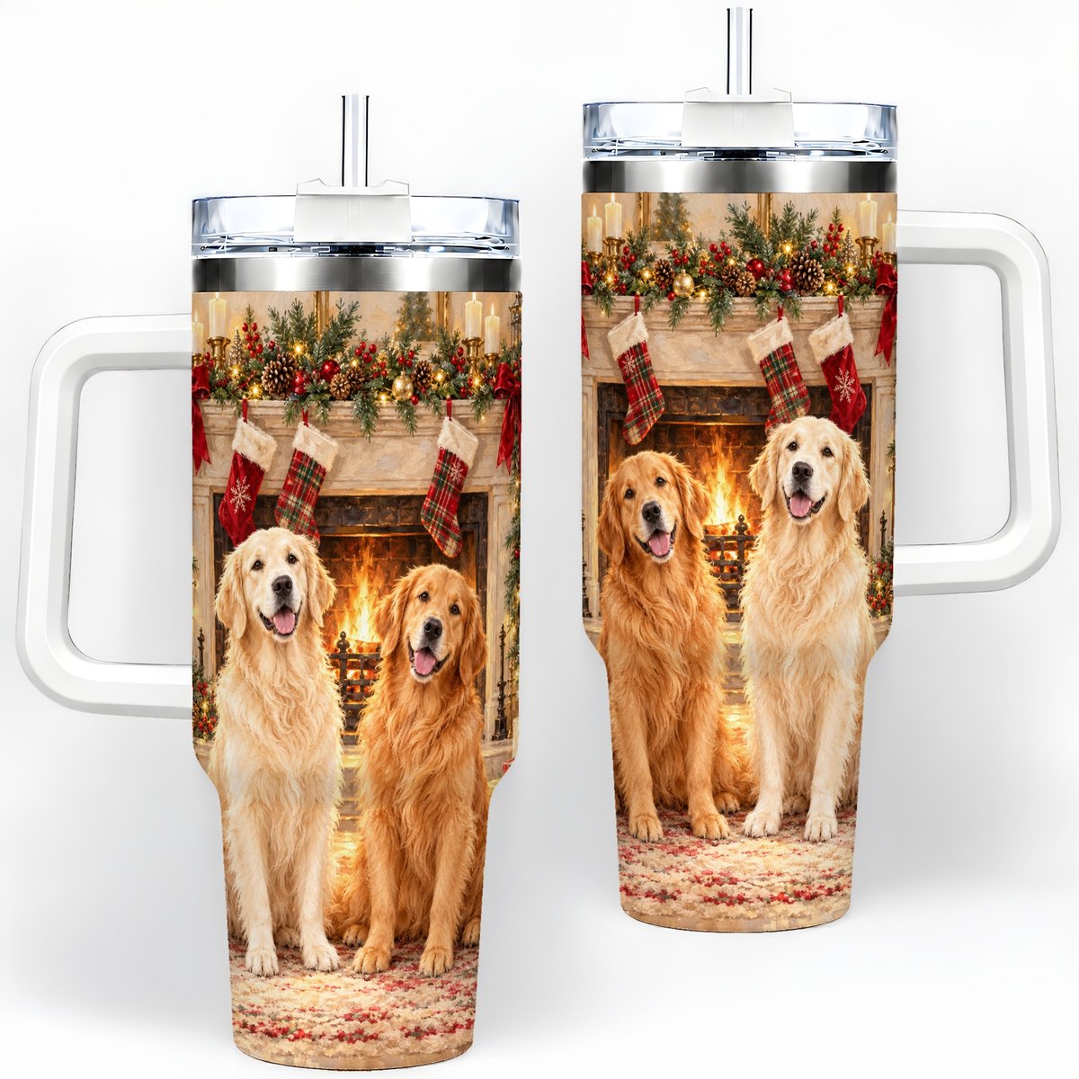 Golden Retriever Christmas Tumbler 40oz, Fireside Illustration