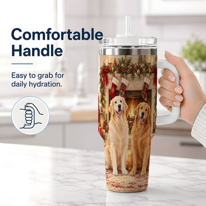 #pl[40oz|White] Golden Retriever Christmas Tumbler 40oz, Fireside Illustration