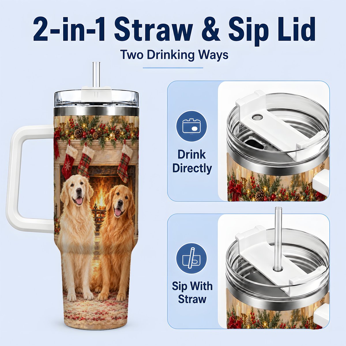 #pl[40oz|White] Golden Retriever Christmas Tumbler 40oz, Fireside Illustration