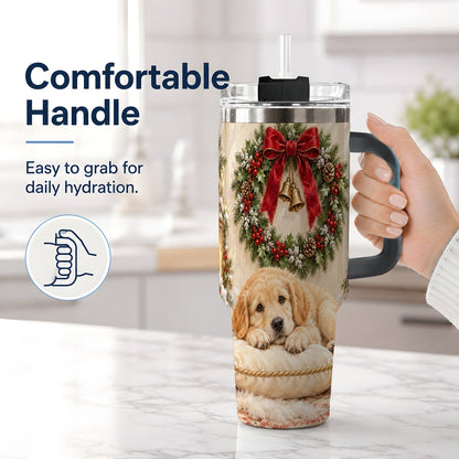 #pl[40oz|Black] Christmas Golden Retriever Puppy Tumbler 40oz, Cozy Holiday Art