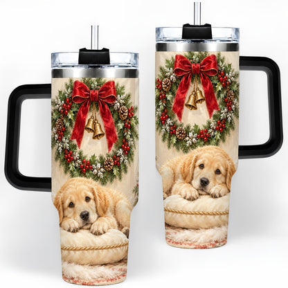 #pl[40oz|Black] Christmas Golden Retriever Puppy Tumbler 40oz, Cozy Holiday Art