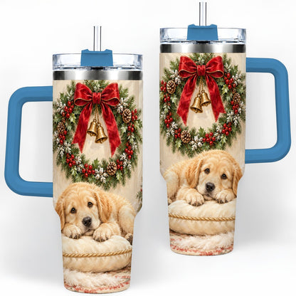 #pl[40oz|Blue] Christmas Golden Retriever Puppy Tumbler 40oz, Cozy Holiday Art